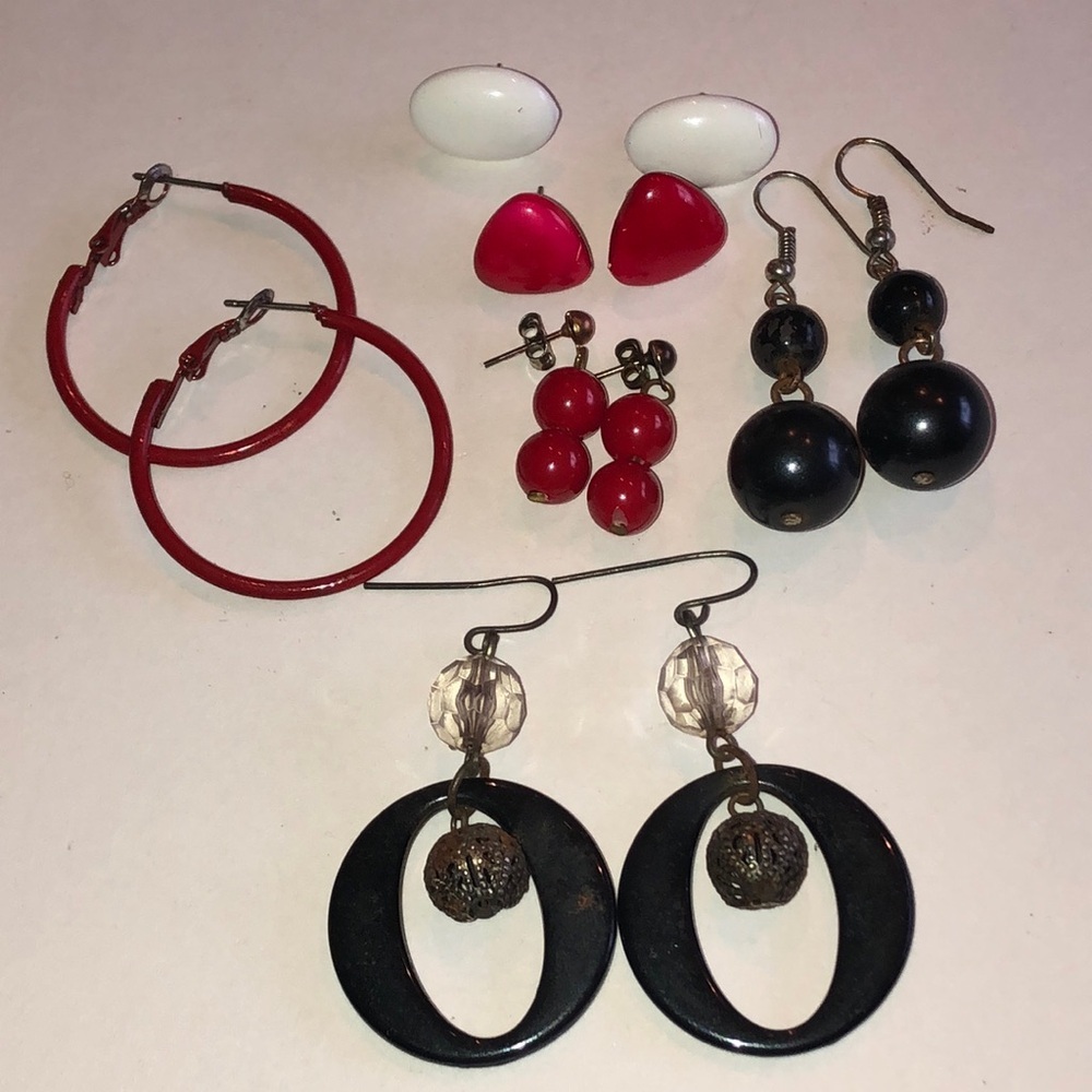 Lot of 6 Black White and Red Vintage Boho Earrings